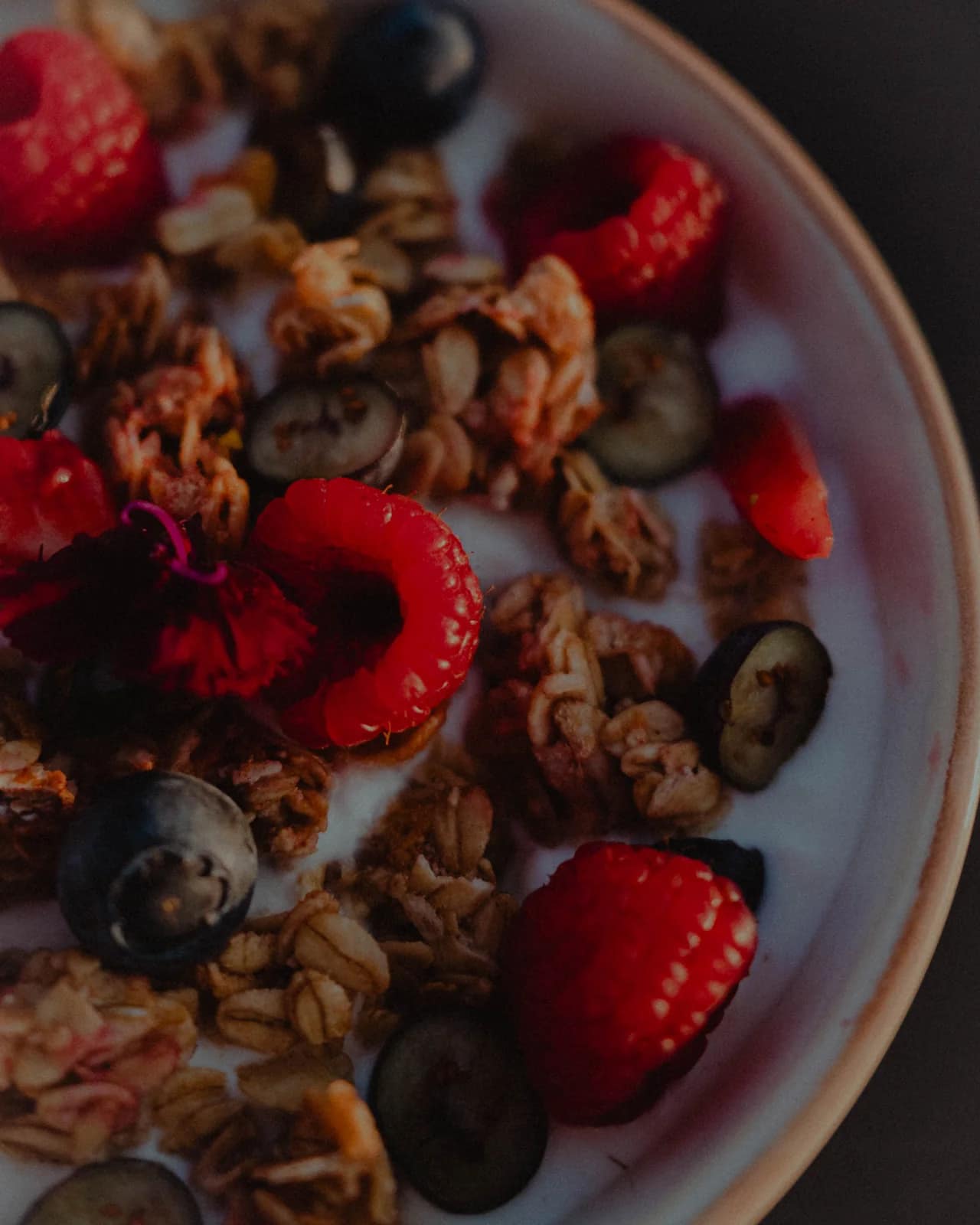 Bol de granola maison, yaourt, framboises, myrtilles et fraises